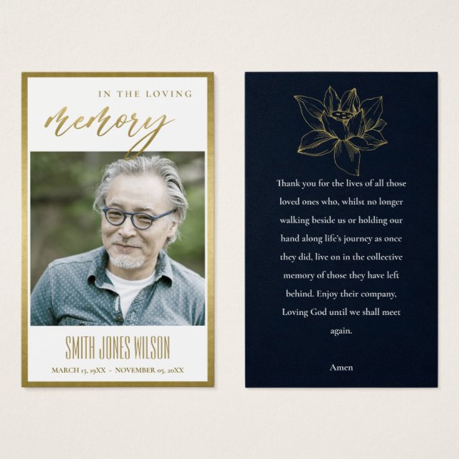 GOLD WATER LILY FLORAL MEMORIAL PHOTO PRAYER CARD (Front & Back)