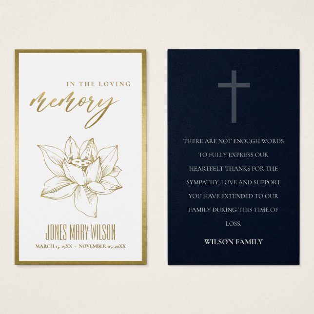 GOLD WATER LILY SYMPATHY MEMORIAL THANK YOU CARD (Front & Back)
