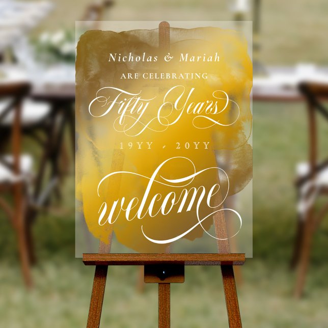 Gold Watercolor 50th Wedding Anniversary Welcome Acrylic Sign (Creator Uploaded)