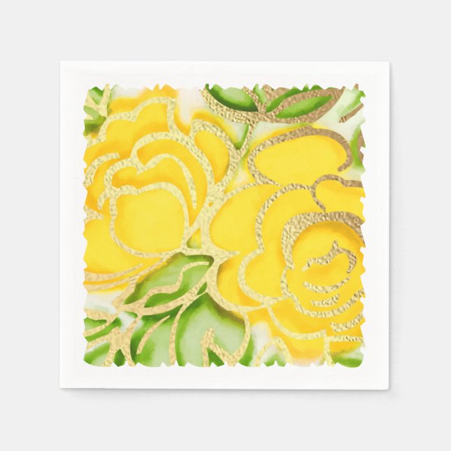 Gold Watercolor Abstract Roses Yellow Napkin (Front)