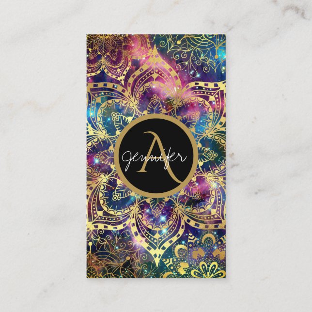 Gold watercolor and nebula floral mandala business card (Front)