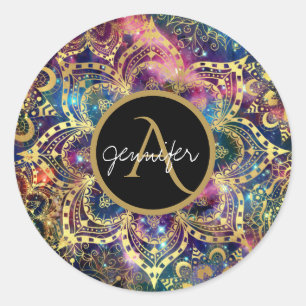 Gold watercolor and nebula floral mandala classic round sticker