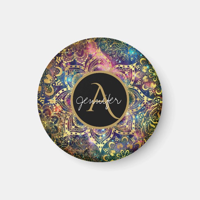 Gold watercolor and nebula floral mandala magnet (Front)