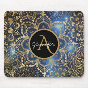 Gold watercolor and nebula mandala Blue Monogram Mouse Mat