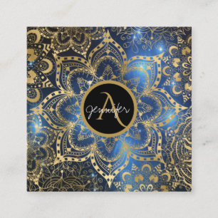 Gold watercolor and nebula mandala Blue Square Business Card