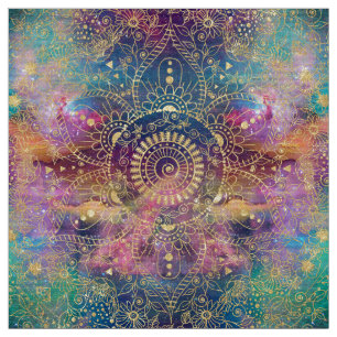 Gold watercolor and nebula mandala fabric