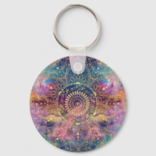Gold watercolor and nebula mandala key ring