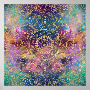 Gold watercolor and nebula mandala poster