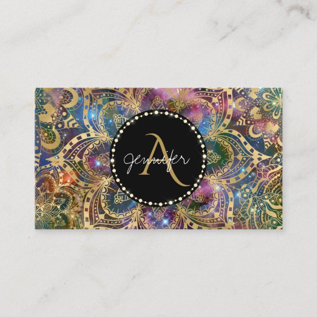 Gold watercolor and nebula mandala sparkly diamond business card (Front)