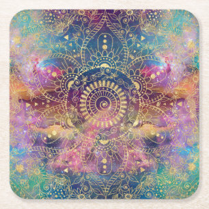 Gold watercolor and nebula mandala square paper coaster