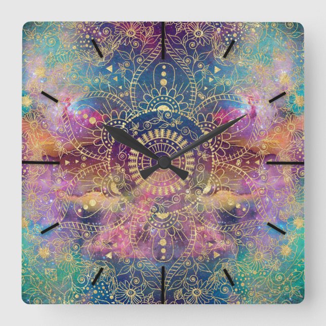 Gold watercolor and nebula mandala square wall clock (Front)