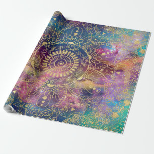 Gold watercolor and nebula mandala wrapping paper