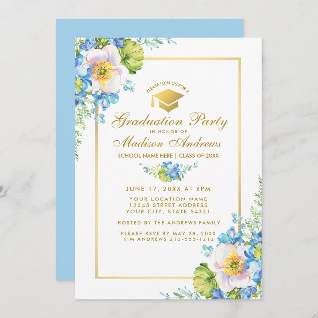 Gold Watercolor Blue Floral Grad Party Invite B (Front/Back)