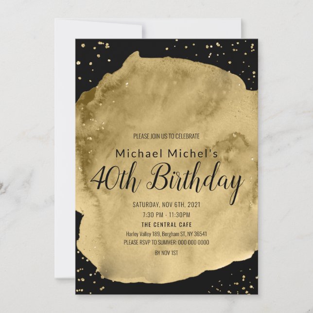 Gold watercolor brush stroke on black invitation (Front)