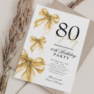 Gold Watercolor Coquette Bow 80th Birthday Party Invitation