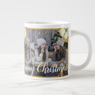 Gold Watercolor Deer Flowers Merry Christmas Photo Large Coffee Mug