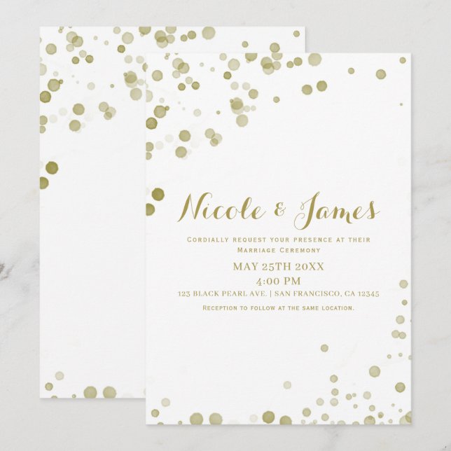 Gold Watercolor Dots Modern Clean Wedding Invitation (Front/Back)