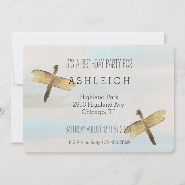 Gold Watercolor Dragonflies birthday Invitation (Front)