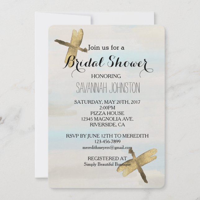 Gold Watercolor Dragonflies bridal shower Invitation (Front)
