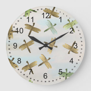 Gold Watercolor Dragonflies Large Clock