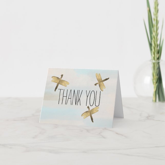 Gold Watercolor Dragonflies Thank you Card (Front)