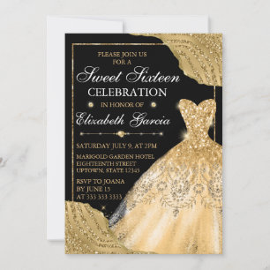 Gold Watercolor Dress & Glam Edges Sweet Sixteen Invitation