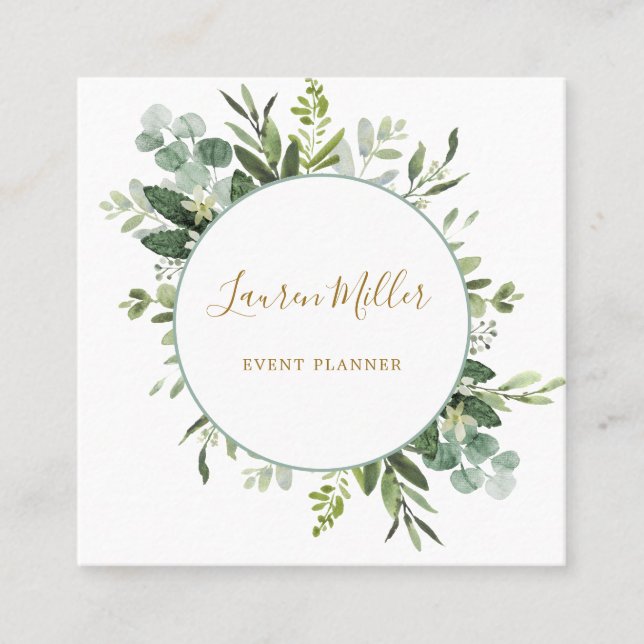 Gold | Watercolor Eucalyptus Greenery Wreath Square Business Card (Front)