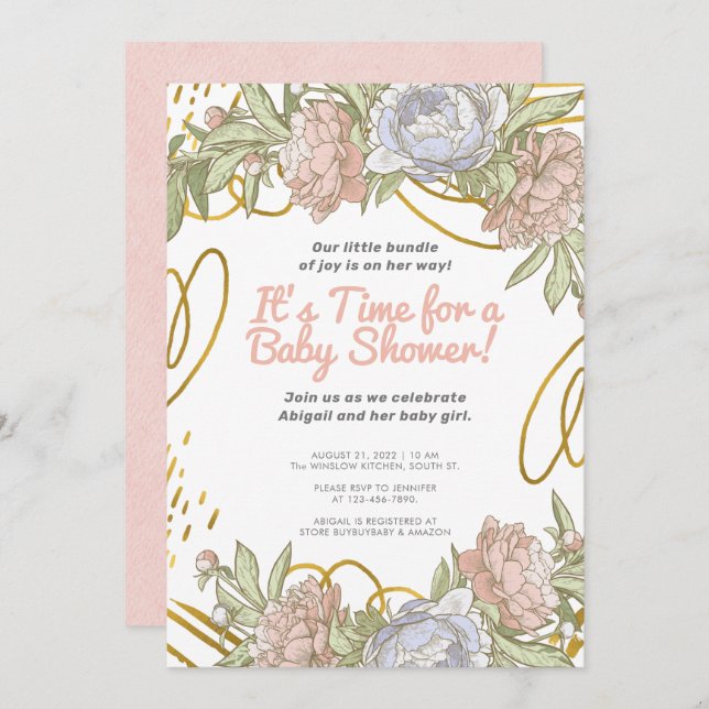 Gold Watercolor Floral & Greenery Girl Baby Shower Invitation (Front/Back)