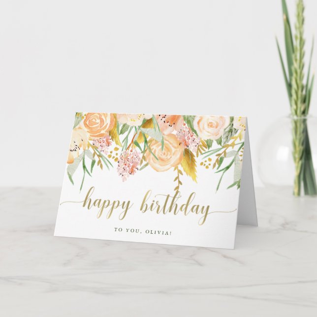 Gold Watercolor Floral | Happy Birthday Card (Front)