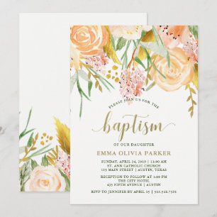 Gold Watercolor Floral on White   Baptism Invitation