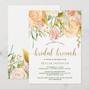 Gold Watercolor Floral on White   Bridal Brunch Invitation