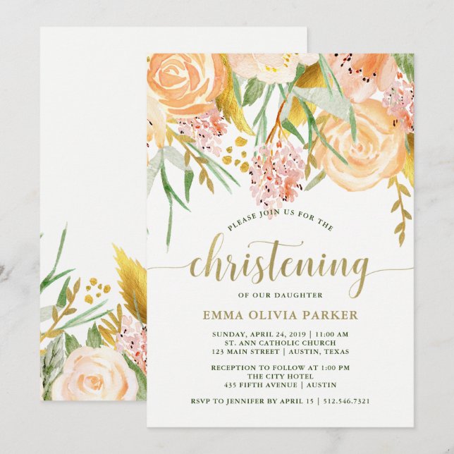Gold Watercolor Floral on White | Christening Invitation (Front/Back)