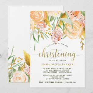 Gold Watercolor Floral on White   Christening Invitation