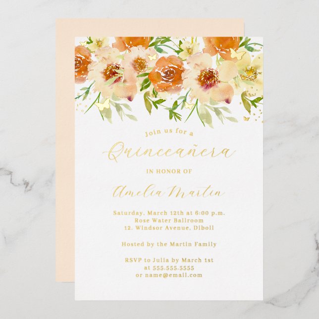 Gold Watercolor Floral Quinceanera  (Front/Back)