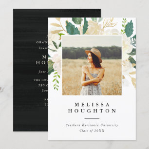 Gold & Watercolor Flowers Photo Graduation Party Invitation