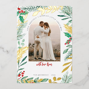 Gold & Watercolor Foliage Newlywed Christmas Photo Foil Holiday Card