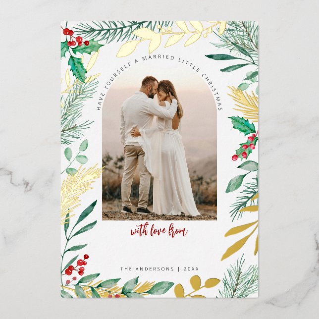 Gold & Watercolor Foliage Newlywed Christmas Photo Foil Holiday Card (Front)