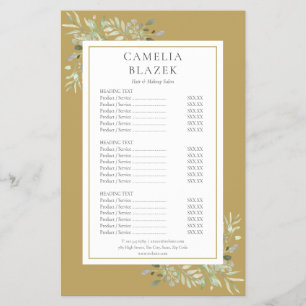 Gold Watercolor Greenery Salon Service Menu