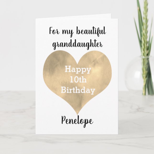 Gold Watercolor Heart 10th Birthday Card (Front)