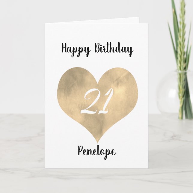 Gold Watercolor Heart 21st Birthday Card (Front)