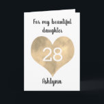 Gold Watercolor Heart 28th Birthday Card<br><div class="desc">A watercolor gold heart 28th birthday card,  which you can personalise with the age you need and add her name underneath the heart. The inside card message can also be edited. This would make a unique twenty eighth birthday card keepsake for her.</div>