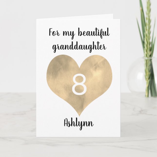 Gold Watercolor Heart 8th Birthday Card (Front)