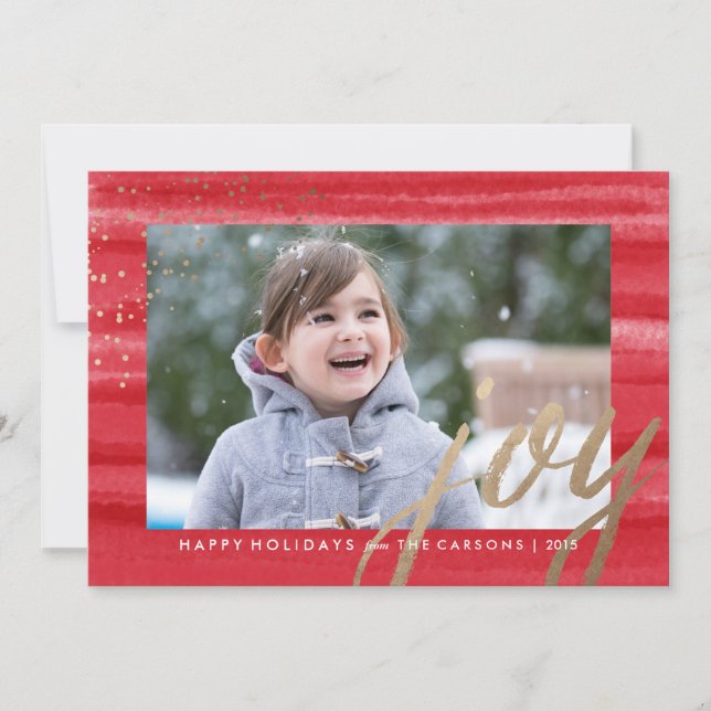 Gold & Watercolor Joy Christmas Holiday Photo Card (Front)