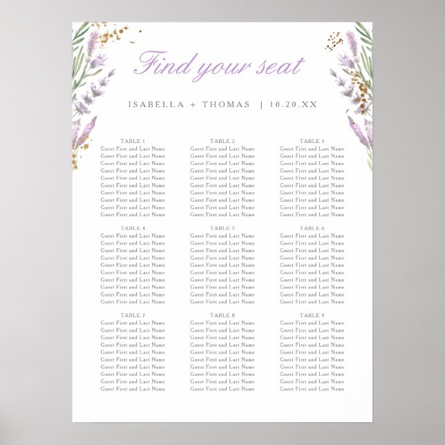 Gold & Watercolor Lavender Wedding Seating Chart (Front)