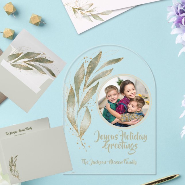 Gold Watercolor Leaves Joyous Holiday Acrylic Card Acrylic Invitations (Creator Uploaded)