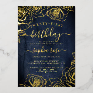 Gold Watercolor Navy Foil Rose 21st Birthday 
