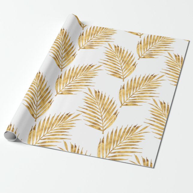 Gold Watercolor Palm Fronds Wrapping Paper (Unrolled)