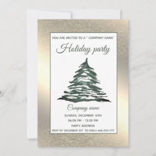 Gold watercolor pine tree company Christmas party Invitation