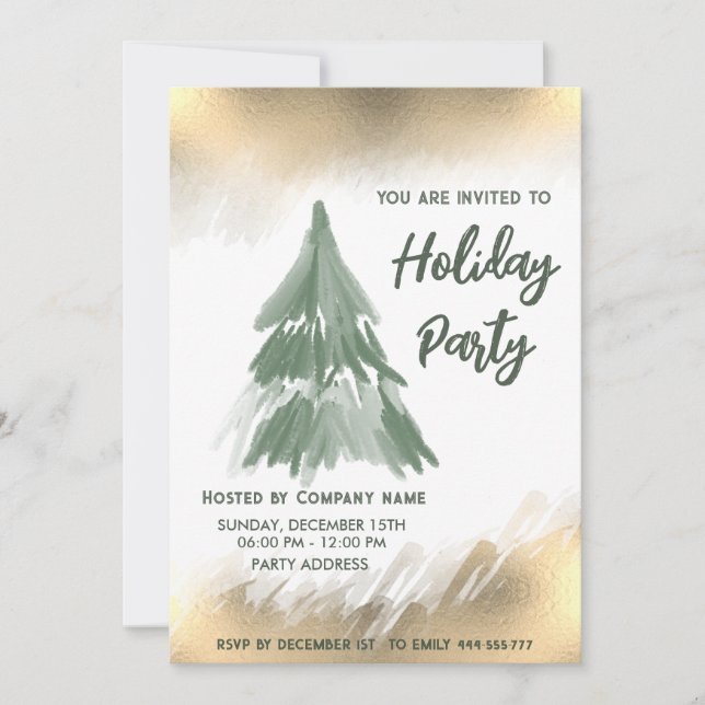 Gold watercolor pine tree company Christmas party Invitation (Front)