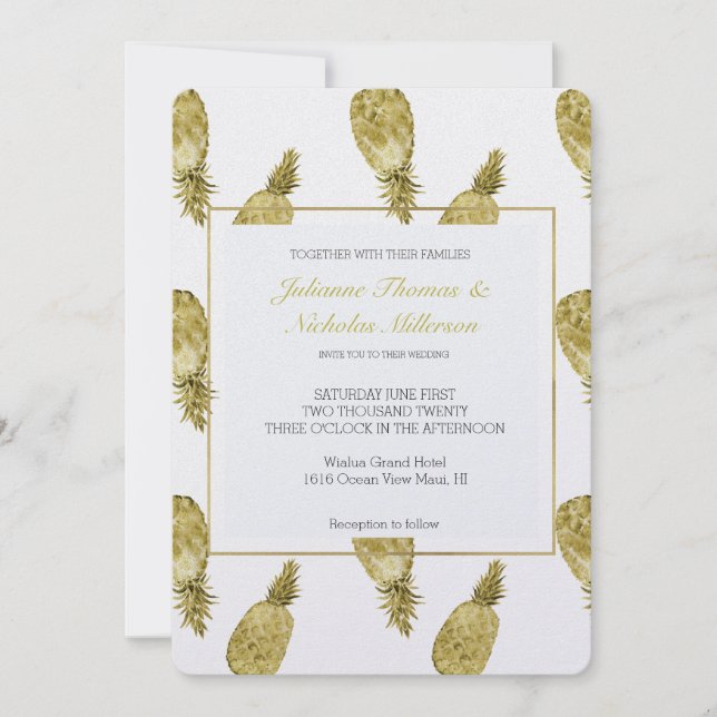 Gold Watercolor Pineapples Wedding Invitation (Front)